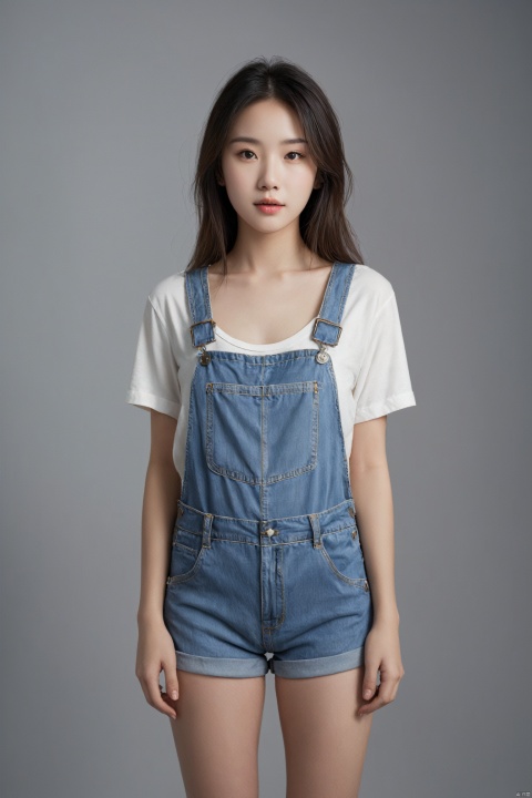 HDR,UHD,8K,Highly detailed,best quality,masterpiece,masterpiece,best quality,realistic,1girl,full body,overalls,naked overalls,denim,overall shorts,white skin,nude,simple background,Studio lighting,(EOS R8,50mm,F1.2,8K,RAW photo,frontlight,(((masterpiece))), ((the best quality, super fine illustrations,)), ((very delicate light)), ((fine lighting,very fine 8KCG wallpapers)),panmin,closed mouth,,1 girl