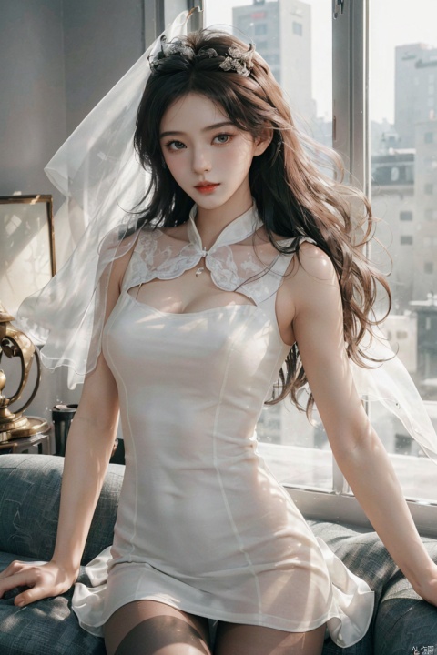  1girl,fashion model,female focus,pantyhose,(masterpiece, realistic, best quality, highly detailed, profession),asian,Charming eyes,exquisite facial features,white sleeveless_dress,pretty,dynamic pose,pantyshot,indoors,soft lightning,cinematic composition,blurry,plns,sw, Beyondv4-neg, 1 girl