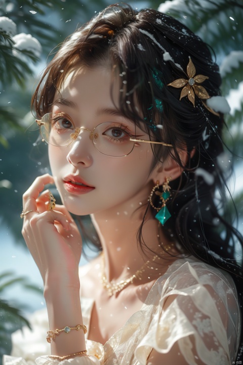  21yo girl, solo, looking at viewer, smile,

Gold-Trim Jewelry, long earrings, bow Hair ornament, Agate Necklace, emerald bracelet,
Diamonds, onyx, enamel,

HDR, Vibrant colors, surreal photography, highly detailed, masterpiece, ultra high res,
high contrast, mysterious, cinematic, fantasy, bright natural light, wangyushan, eyeglasses