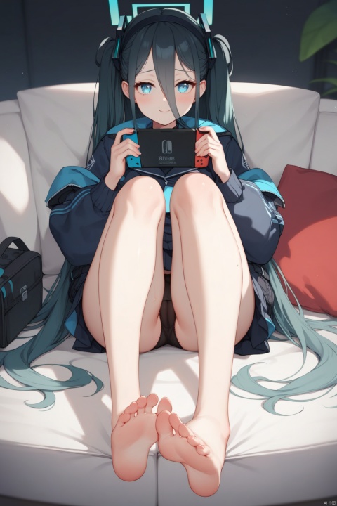 Score_9, Score_8_up, Score_7_up,Aris from Blue Archive, a character with long black hair and blue eyes, is depicted indoors. She's barefoot on the couch while holding a Nintendo Switch in her hands. Her feet are focused upon as she smiles at the viewer. The room has shelves filled with books and other items, creating an atmosphere of relaxation and leisure gaming.