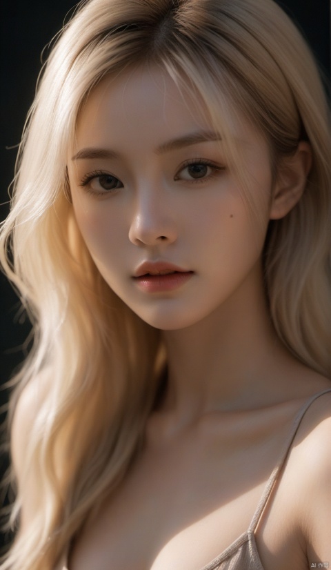  Skin granule,(medium breasts:1.4),in the dark,low key,sunray,a 20 yo woman,blonde,(hi-top fade:1.3),dark theme,soothing tones,muted colors,high contrast,(natural skin texture, hyperrealism, soft light,sharp),,upper body, g009, 1girl