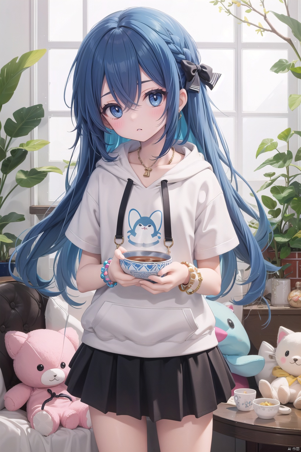  1girl, aura, bangle, blue_bow, blue_eyes, blue_hair, blue_skirt, bow, bowl, bracelet, broken, cowboy_shot, debt, drawstring, eyebrows_visible_through_hair, grey_hoodie, hair_between_eyes, hair_bow, holding, holding_bowl, holding_stuffed_toy, hood, hood_down, hoodie, jewelry, long_hair, looking_at_viewer, miniskirt, short_sleeves, skirt, solo, standing, stuffed_animal, stuffed_cat, stuffed_toy, very_long_hair, yorigami_shion