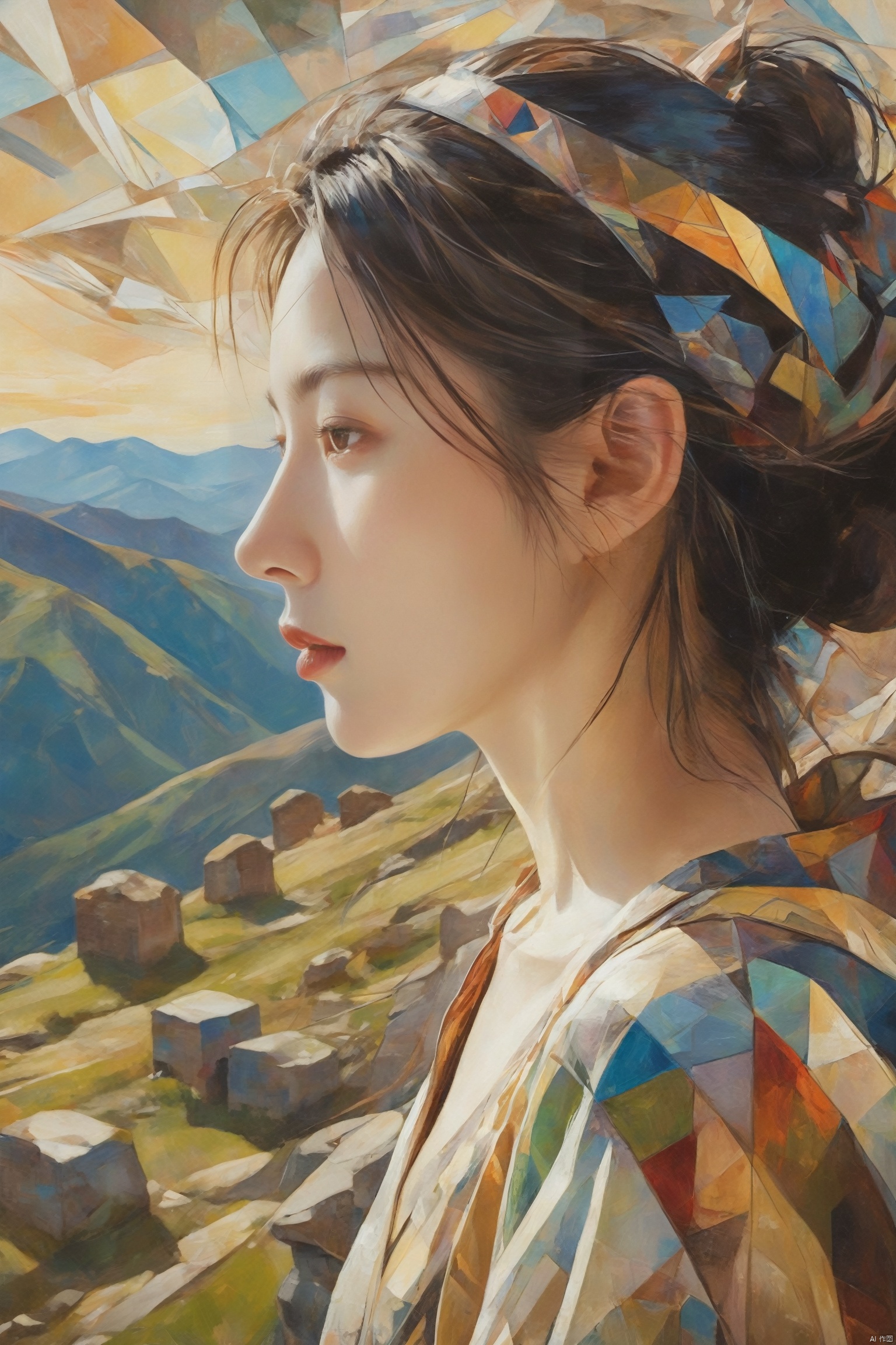 cubist artwork Atop a mountain, a girl looks out over a breathtaking vista of valleys and distant peaks. The wind gently plays with her hair as she stands in awe, the vastness of the landscape stretching out before her, a testament to the majesty of the natural world. . geometric shapes, abstract, innovative, revolutionary