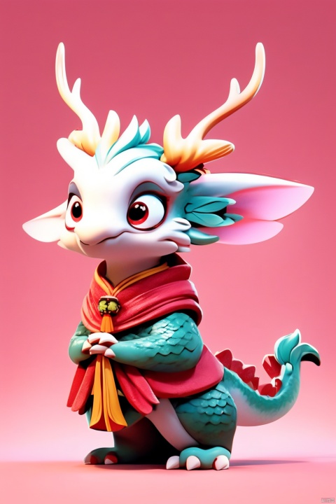 A cute IP cartoon Chinese dragon, antlers, two hands,Pink dragon scales, standing, anthropomorphic, big eyes, bright light, beautiful light, cute, surreal,3D, C4D, octane render, clean background,Cute, festive, and festive for the Chinese New Year,With red color background, little girl