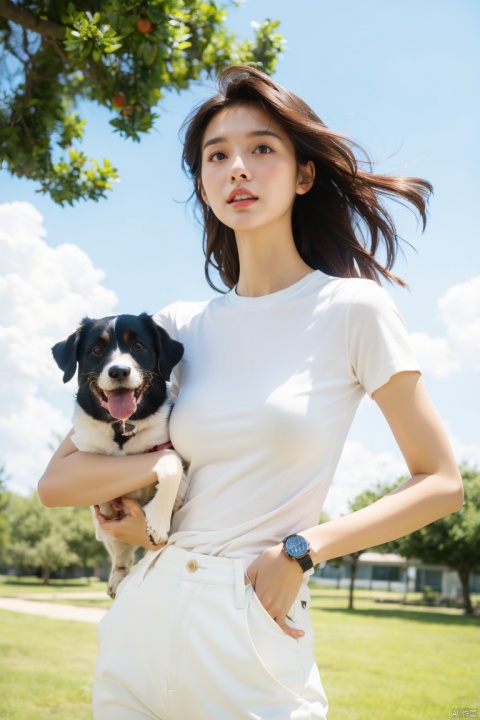  High quality, illustrations,watercolor:0.5, 1girl, the movement style, run with a dog, white shirt, white pants, one arm to wear sports watches, clouds, in the face of lens, the tree, the outdoors,cheerful candy \(module\),