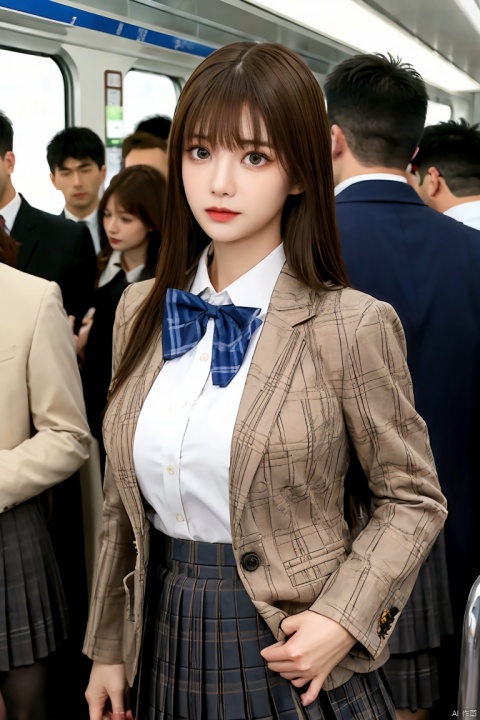 (masterpiece),(best quality),illustration,(extremely detailed CG unity 8k wallpaper),(ultra_detailed),Depth of field,16 years old, 1girl,JK,(full_body),be_watched,standing_difficult,suit school uniform,(dark brown skirt),(plaid_skirt),pleated skirt,Penny Loafer,Dark brown shoes,dark Indigo blazer,white_shirt,long_sleeves,black_stockings,(sheer_stockings), symbol_shaped_pupils,straight_hair,very_long_hair,[black_hair:indigo_hair:0.2],tears,swept_bangs,[ahoge],blush,blue_pupils,Beautiful_eyelashes,(detailed_eyes),(detailed_face:1.2),(crimson_bowtie),(overcrowded:1.6),in_train,elegance,classy,hand_holding,(rapists_crowd:1.2),(from_distance:1.3), 1 girl