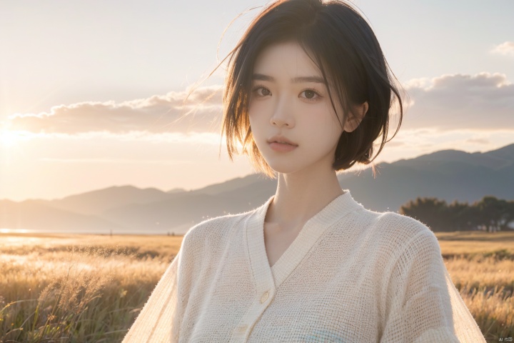 Best quality,masterpiece,ultra high res,photorealistic,raw photo,unity 8k wallpaper, panorama, cinematic lighting, on grass, sunset, dappled sunlight, golden hour lighting, backlighting, blurry background, (lens flare), wind, pastel colors, soft light, 1girl,floating short hair, sad,upper body, girl, Asian women's face