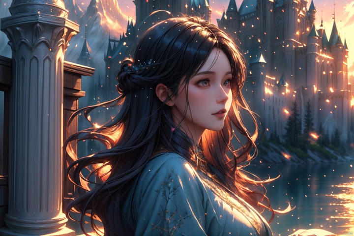  Role-playing game (RPG) style fantasy, a large town up in the mountains, fantasy art, landscape, surrounded by a wall, river, luminous particles in the air, luxurious castle,  eerie, magical lighting, sunset, professional painting, detailed architecture, depth of field, Detailed, vibrant, immersive, reminiscent of fantasy RPG games, 1 girl