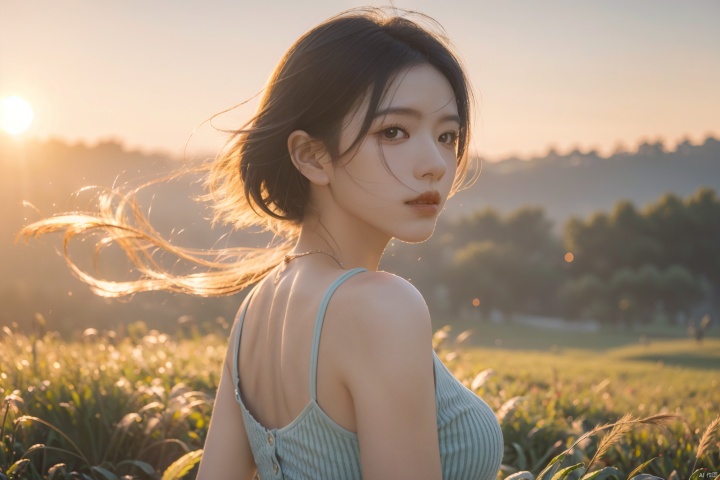 Best quality,masterpiece,ultra high res,photorealistic,raw photo,unity 8k wallpaper, panorama, cinematic lighting, on grass, sunset, dappled sunlight, golden hour lighting, backlighting, blurry background, (lens flare), wind, pastel colors, soft light, 1girl,floating short hair, sad,upper body, girl