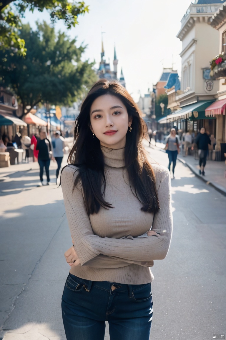  1girl, smiling,Realistic movie lighting,grey turtleneck sweater(((skindentation),(skin tight)),ultradetailed,8K,detailed face,photorealistic,1girl,long hair,solo,fullbody,complex background, look at the viewer, detailedbackground,sweating details,realistic, fullbody,long legs,real,Lacrimal nevus,realism, Delicate glowing skin,masterpiece,bestquality,distant view,depth of field,dynamic perspective,Perfectly proportioned figure,Detailed skin description, black jeans,street,daytime,good weather,Disneyland Park in the background,