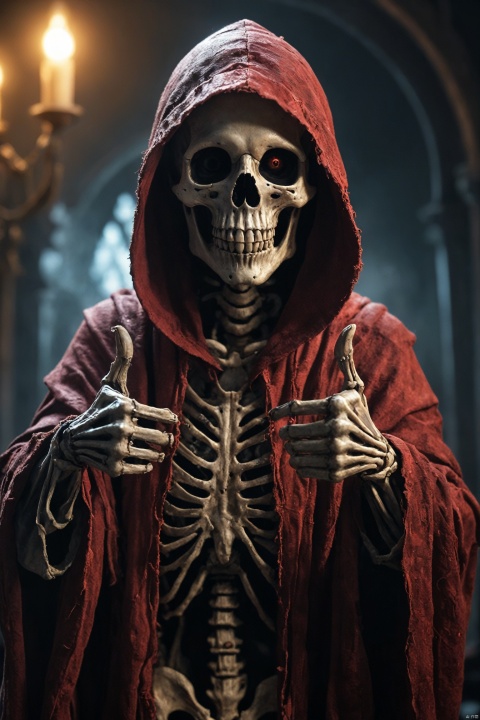 Closeup, thumb-up, Envision a whimsical fantasy world where a ethereal and eerie hooded skeleton takes center stage. Picture the undead with a mischievous charm, its eyes reflecting a vibrant translucent dark-red glow. Thumb Up Pose, 
very detailed, hd, RAW photograph, masterpiece, top quality, best quality, official art,highest detailed, atmospheric lighting, cinematic composition,