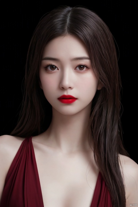 .In this masterpiece of photography, captured by a Fujifilm camera, a minimalist black background serves as the canvas for an exquisite portrait. The woman's face emerges, partially obscured by flowing fabric, creating an enigmatic and mysterious atmosphere. Sharp red lipstick accentuates her lips, adding a striking contrast against the dark tones of the composition. With ultra-realistic precision, every detail is rendered in insanely high resolution, making the image come alive in 8K HDR. The subtle gradient backdrop enhances the tranquil yet evocative aura, while the conceptual portraiture delves into the depths of perception. This stunning portrayal, enriched with a play on perception and visual metaphor, transports the viewer into a realm of surreal calm, where the beauty of minimalist abstraction meets the complexity of the human psyche., 1 girl