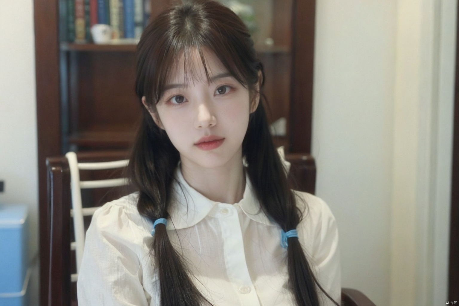 1girl,solo,chair,standing,twintails,long hair,looking at viewer,indoors,brown hair,realistic,bangs,blurry,ribbon,blurry background,blue ribbon,brown eyes,blunt bangscollared,depth of field,