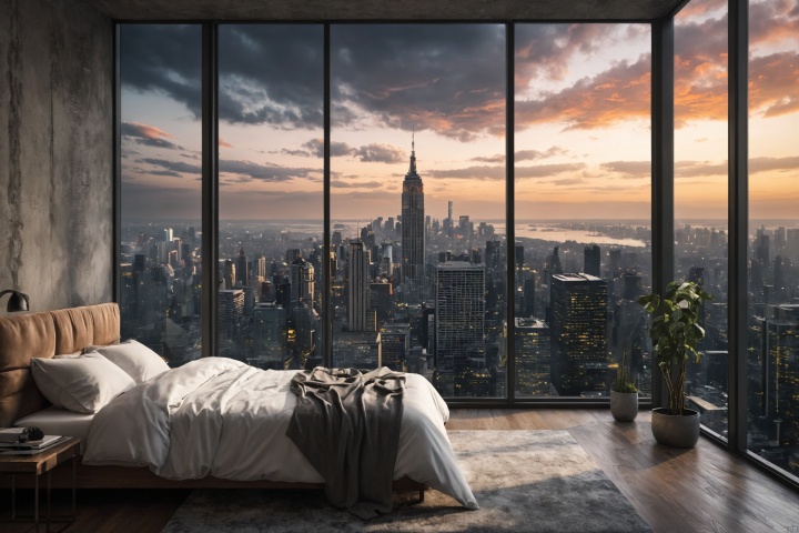 A modern city, reflective glass, viewed from a bedroom in a skyscraper.Fantasy style. Fantasy dreamlike art.Atmospheric, rustic, moody.