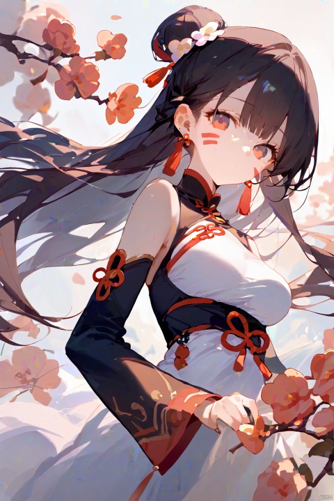  1girl, score_9, score_8_up, score_7_up, 1girl, solo, long hair, breasts, looking at viewer, bangs, brown hair, black hair, hair ornament, long sleeves, dress, holding, bare shoulders, jewelry, closed mouth, ponytail, flower, earrings, detached sleeves, hair flower, white dress, from side, facial mark, chinese clothes, tassel, branch, girl,face