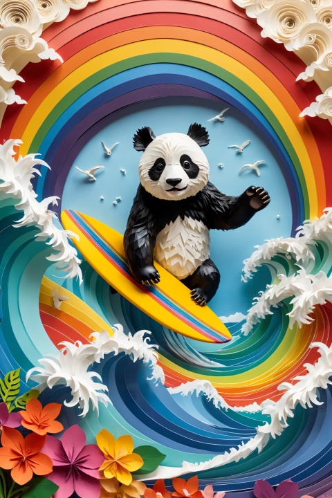 Surfing panda on a rainbow wave.
many details, extreme detailed, full of details,
papercut, hole through foreground, paper hole
(prompt by @让AI更感性:0.01)
 