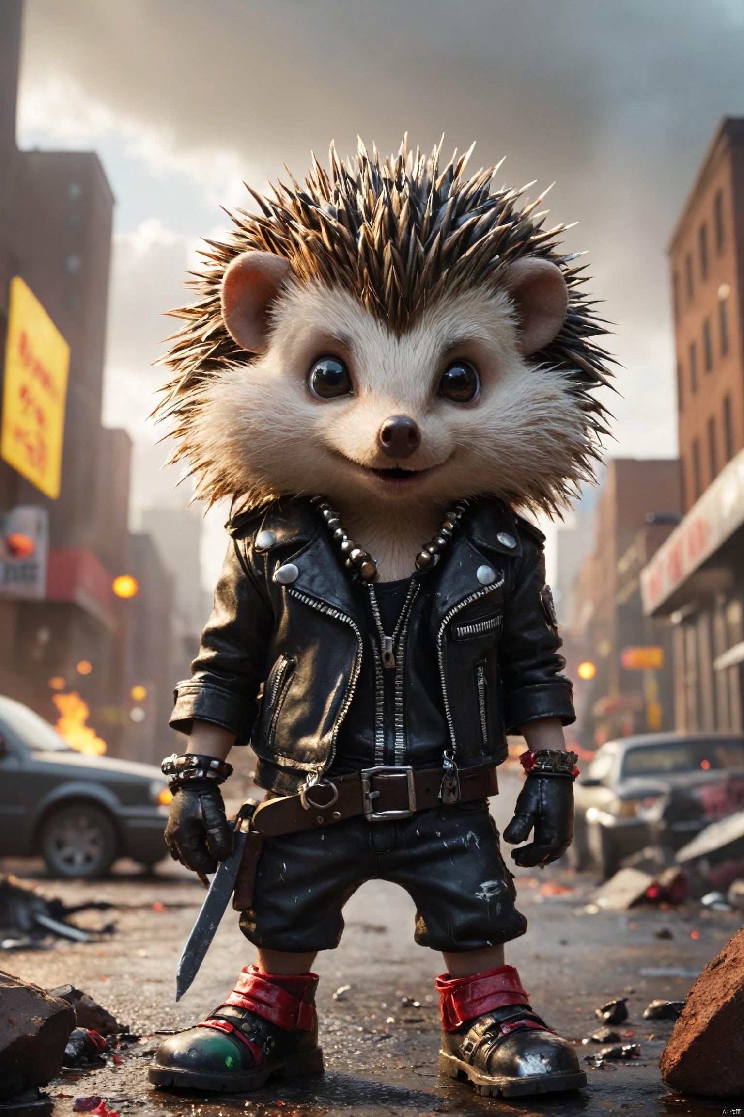 A groundbreaking punk-rock album cover featuring a fearless hedgehog rebel. It sports a mohawk, spiked leather gloves, and a studded collar, embodying the spirit of nonconformity. The tiny, colorful cityscape in the background burns and crumbles as it experiences the hedgehog's rampage. The chaotic blend of urban decay and gritty textures creates the perfect punk atmosphere, reflecting the hedgehog's unyielding rebellion and individuality. 
many details, extreme detailed, full of details,
Wide range of colors. Insane quality. Insane resolution. Insane details. Masterpiece. 32k resolution.