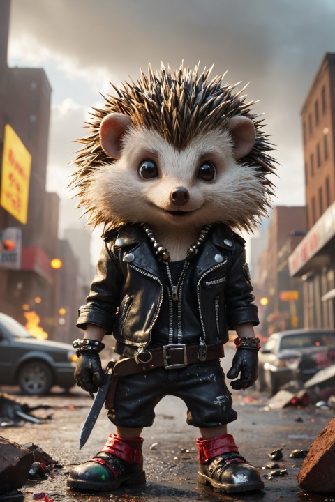 A groundbreaking punk-rock album cover featuring a fearless hedgehog rebel. It sports a mohawk, spiked leather gloves, and a studded collar, embodying the spirit of nonconformity. The tiny, colorful cityscape in the background burns and crumbles as it experiences the hedgehog's rampage. The chaotic blend of urban decay and gritty textures creates the perfect punk atmosphere, reflecting the hedgehog's unyielding rebellion and individuality. 
many details, extreme detailed, full of details,
Wide range of colors. Insane quality. Insane resolution. Insane details. Masterpiece. 32k resolution.