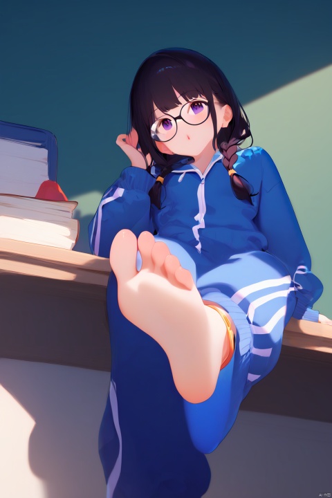 score_9, score_8_up,score_7_up,, 1girl,solo,black hair,baggy blue and white track suit,baggy blue and white track pants,glasses,black hair,low twin braids, ,desk,sitting on desk,foot up,barefoot,soles,foot focus,from below,anklet,bare legs,chalkboard,