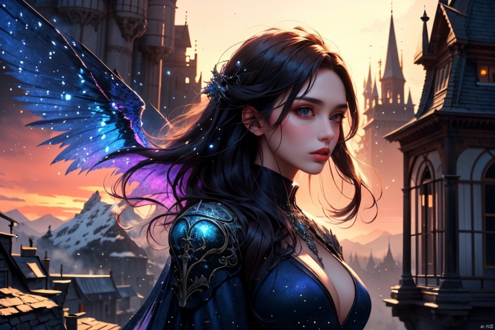  Role-playing game (RPG) style fantasy, a large town up in the mountains, fantasy art, landscape, surrounded by a wall, river, luminous particles in the air, luxurious castle, eerie, magical lighting, sunset, professional painting, detailed architecture, depth of field, Detailed, vibrant, immersive, reminiscent of fantasy RPG games