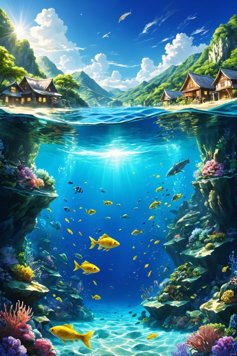 (ultra high res:1.4), (masterpiece), (beautiful lighting:1.4) , lush greenery and mountains, Bright sunlight illuminates the crystal-clear water, (deep underwater), anime, half above water and half below water , (clear underwater), beautiful sky with clouds, fish , depth, small yellow, costal village