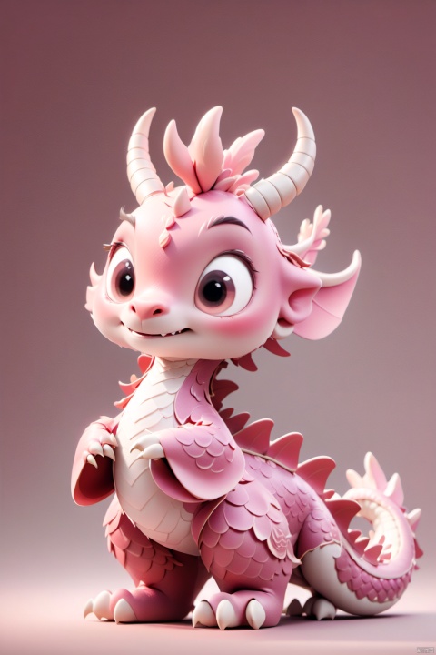 A cute IP cartoon Chinese dragon, antlers, two hands,Pink dragon scales, standing, anthropomorphic, big eyes, bright light, beautiful light, cute, surreal,3D, C4D, octane render, clean background,Cute, festive, and festive for the Chinese New Year,With red color background, 