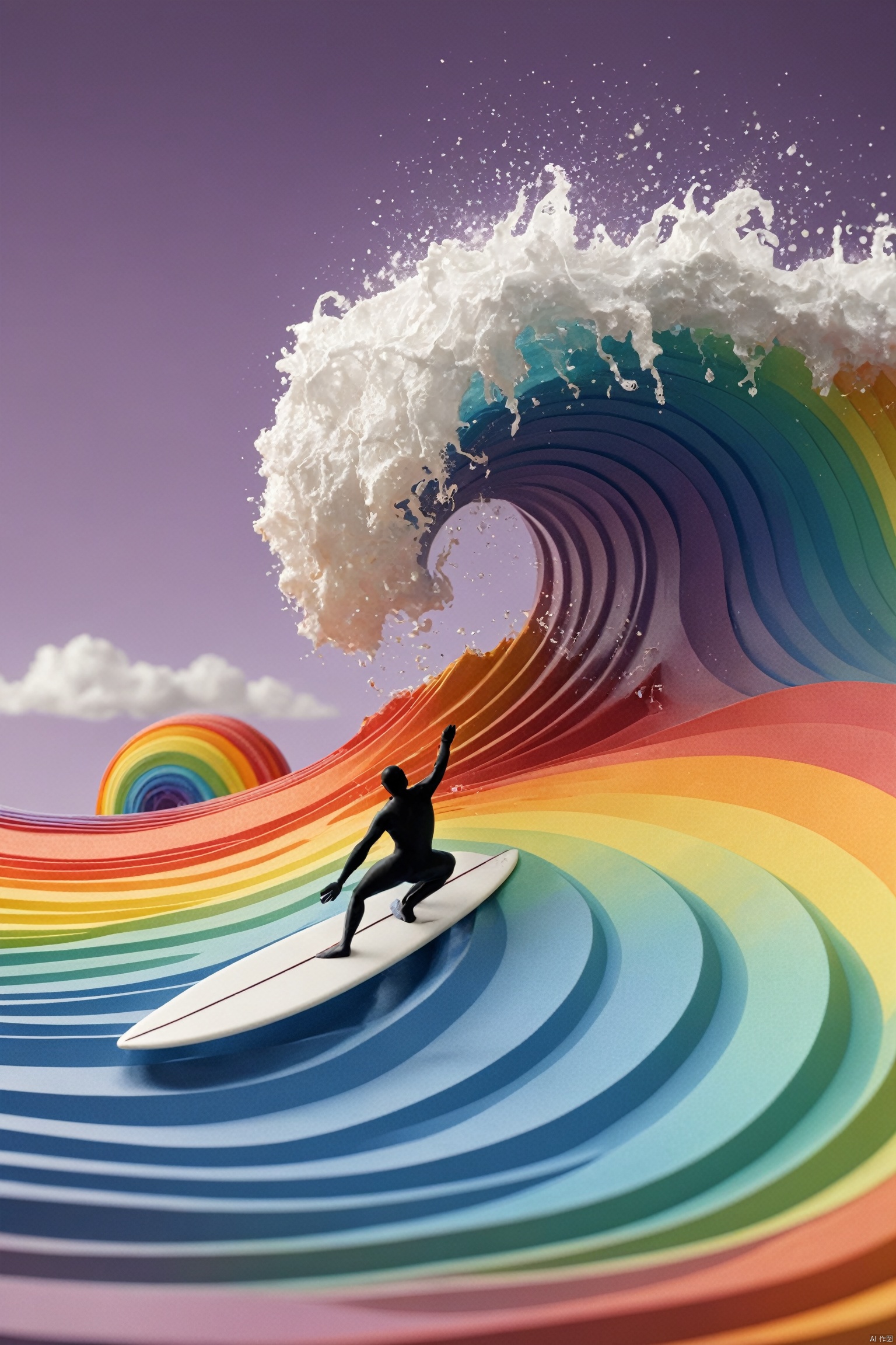 Surfing blender on rainbow waves. 
many details, extreme detailed, full of details,
papercut, hole through foreground, paper hole
(prompt by @让AI更感性:0.01)
 