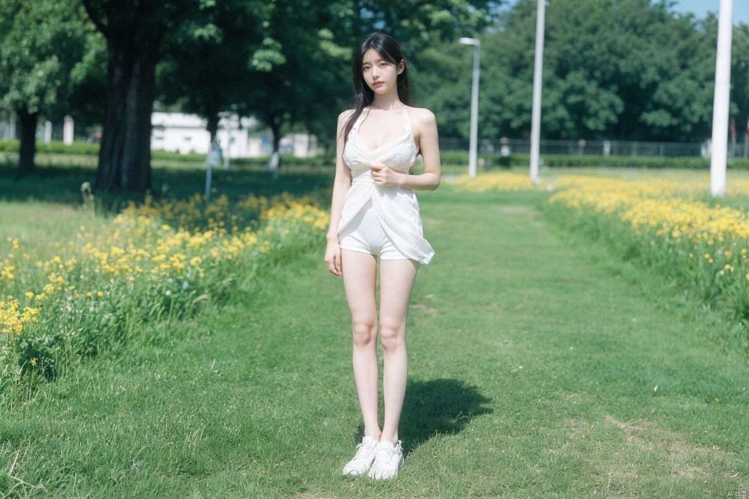  best quality, masterpiece, ultra high res,1girl, big breast, looking at viewer,pure color background,1girl, Completely undressed, No underwear, standing, bare shoulders, long bare legs, full body, naked, whole body, beautiful big eyes, 3d, black hair, blurry, blurry background, blurry foreground, depth of field, flower, flower field, standing, photo \(medium\), realistic, sand, solo, yosshi film