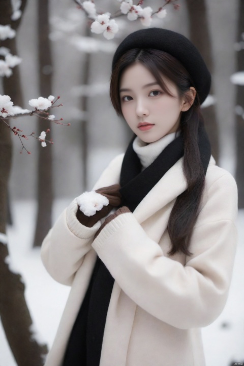  masterpiece, best quality, official art, model sheet, concept art, chinese girls, Large aperture, blurry background,(Perfect female body:1.2),(dark theme:1.3),(natural Skin texture, high clarity) ,eyes looking downA girl is standing in the snow, wearing a white coat, a black scarf, a brown sweater, and gloves,Plum Blossom Forest,wool hat,,,<lora:660447824183329044:1.0>