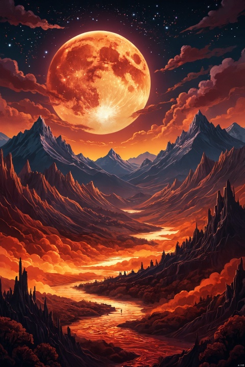 bargello style, flamestitch, zigzag, colorful, patterned the image presents a fantastical depiction of the night sky, dominated by a dark red and orange gradient that gives it an eerie glow. the moon is prominently visible in the top center, radiating with a lighter shade of red orange. the background features wispy clouds and streaks of light, adding to the ethereal atmosphere. this style can be classified as a form of digital art or graphic illustration, characterized by its imaginative and dramatic representation of the natural world.