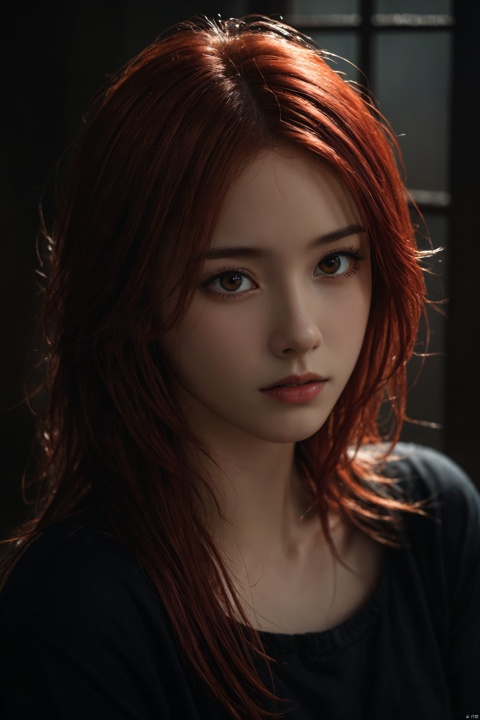 the most beautiful female Girl, brown eyes, Red Colored hair ,dark, chiaroscuro, low-key,1 girl