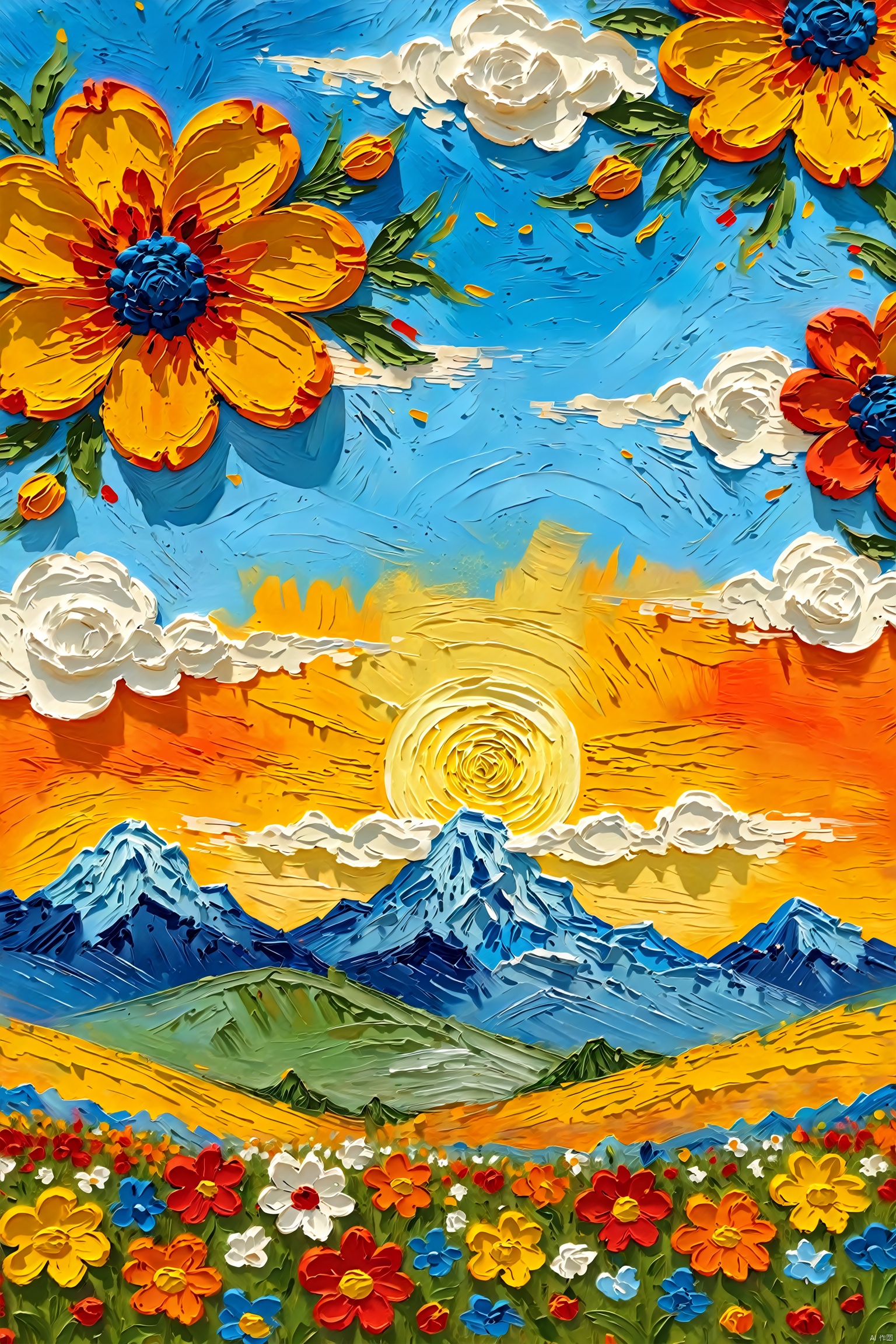 Impressionism fine art impasto on canvas by Van Gogh. Blissful sunset hues. flower, outdoors, sky, day, cloud, blue sky, no humans, traditional media, grass, red flower, scenery, mountain, sun, field, orange flower,airbrush painting. Atmospheric, moody, rustic.