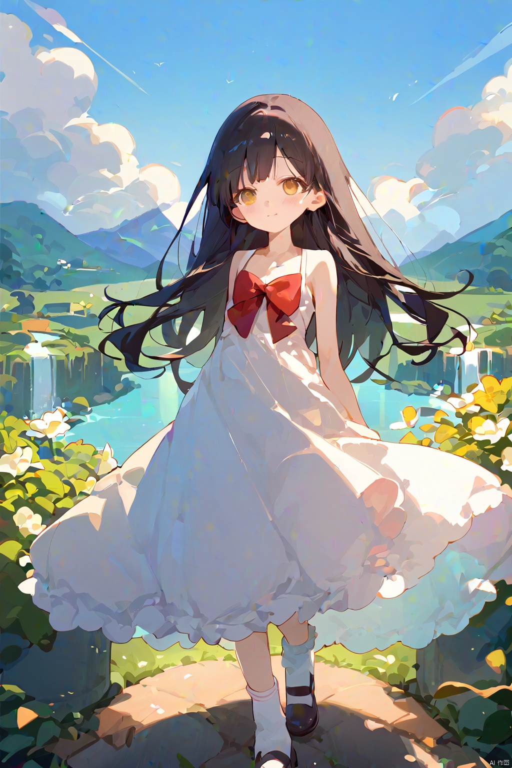  1girl, score_9, score_8_up, score_7_up,  masterpiece, best quality, 1girl, long hair, (petite:1.2), loli, black hair, yellow eyes, white dress, white socks, red bow, smile, :D, blush, elegant, distant shot,
flower plains, sun, shadow, waterfall, clouds, mountains