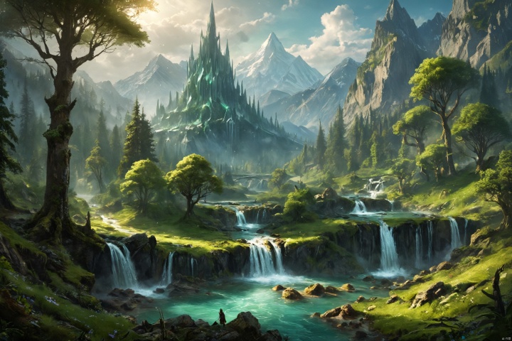 (masterpiece, top quality, best quality, official art, beautiful and aesthetic:1.2), a divinesplatter elven kingdom, forests, mountains, fairies 