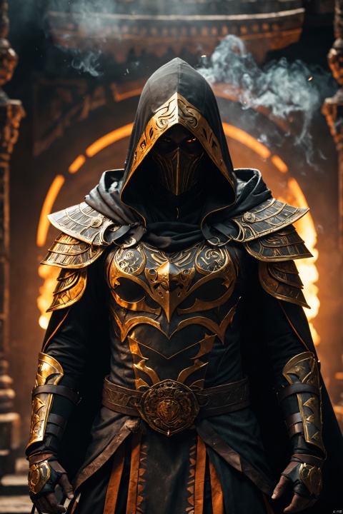 Dark mayan fantasy, shadow assassine, ((black hybrid orange armor, dark smoke emanating from within)), (burning eyes:1), hooded cloak of leather material), gold accents, dark underworld/temple background, smooth lighting, soft lighting, masterpiece, 32k UHD resolution, best quality, highres, realistic photo, professional photography, cinematic angle, reflection lights, closed up, ray tracing