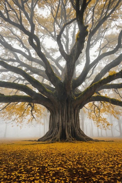 outdoors, 1 huge banyan tree, no humans, grass, nature, scenery, forest, bare tree,deep in the forest,Thick fog, yellow leaves falling on the ground