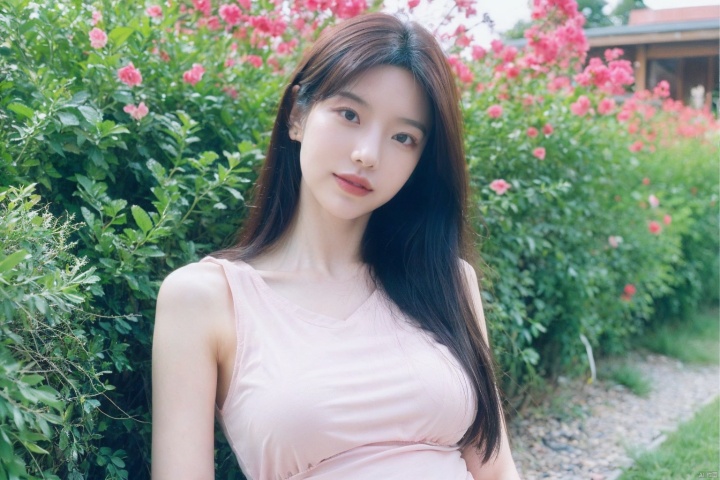  best quality, masterpiece, ultra high res,1girl, big breast, looking at viewer,pure color background,1girl, 3d, black hair, blurry, blurry background, blurry foreground, depth of field, flower, flower field, lying, photo \(medium\), realistic, sand, solo, yosshi film