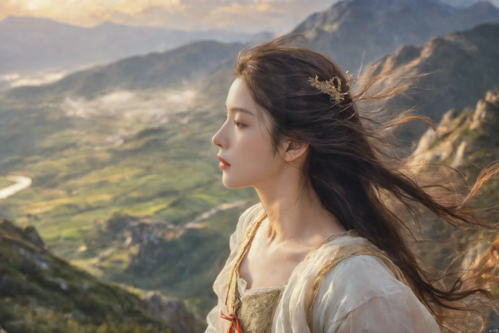  Best quality, masterpiece,realistic,A top a mountain, a girl looks out over a breathtaking vista of valleys and distant peaks. The wind gently plays with her hair as she stands in awe, the vastness of the landscape stretching out before her, a testament to the majesty of the natural world.