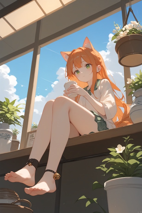 score_10,score_9_up,score_8_up,score_7_up,score_6_up, hadrian, 1girl,pale skin,messy cafe,holding coffee cup,against window,vase,potted plant,menu,flower,barefoot,from below,ankle bell,sunrise,green sky,colored cloud,sitting,orange hair,cat ears,long hair,