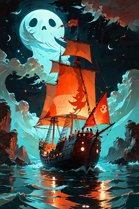 a ghost ship sailing in the night,  feminine, intricate, creepy, by Sachin Teng, Jeff Wall, by Shaun Tan, Rhodamine Red hue, highly dramatic lighting