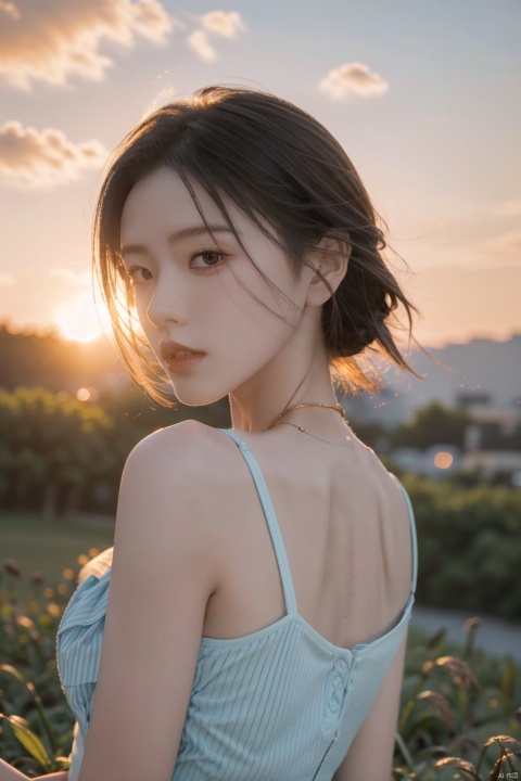 Best quality,masterpiece,ultra high res,photorealistic,raw photo,unity 8k wallpaper, panorama, cinematic lighting, on grass, sunset, dappled sunlight, golden hour lighting, backlighting, blurry background, (lens flare), wind, pastel colors, soft light, 1girl,floating short hair, sad,upper body, girl