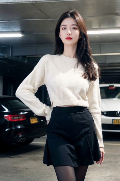  The image is a well-lit and color-balanced photograph taken in a parking garage. The subject, a young woman, is featured prominently in the center of the frame, creating a sense of depth and focus. She is wearing a stylish and fashionable outfit, consisting of a knitted sweater with a unique design and a short skirt. The sweater features a mix of colors, including navy blue, brown, and white, while the skirt is a deep brown color. The outfit is complemented by a pair of black tights, which match well with the woman's dark hair. Her posture is confident and poised, as she walks away from the camera. Her expression is serene and composed, suggesting a sense of self-assurance and purpose. Her body language exudes an air of authority and poise, which adds to the overall aesthetic of the image. The quality of the image is excellent, with sharp details and a high level of clarity. The colors are vibrant and true to life, with no signs of over-saturation or distortion. The composition of the image is well-balanced, with the subject placed in the center and the background decluttered, allowing the viewer's attention to be drawn to the woman and her outfit. Overall, this is a stunning photograph that showcases the subject's style and confidence, as well as the photographer's skill in capturing the perfect moment. It is a well-crafted image that is sure to impress and captivate viewers.