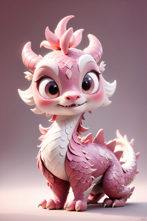 A cute IP cartoon Chinese dragon, antlers, two hands,Pink dragon scales, standing, anthropomorphic, big eyes, bright light, beautiful light, cute, surreal,3D, C4D, octane render, clean background,Cute, festive, and festive for the Chinese New Year,With red color background, 