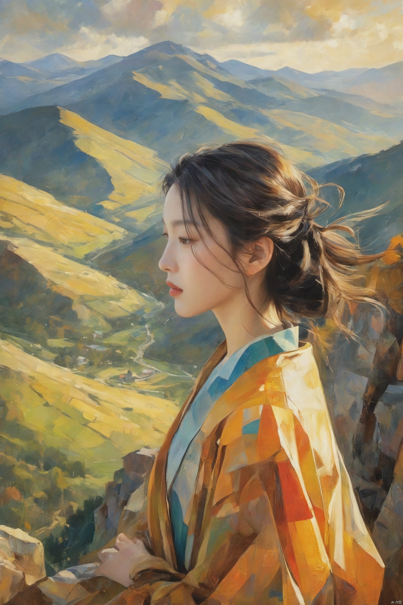 Best quality, cubist artwork Atop a mountain, a girl looks out over a breathtaking vista of valleys and distant peaks. The wind gently plays with her hair as she stands in awe, the vastness of the landscape stretching out before her, a testament to the majesty of the natural world.