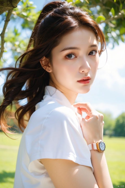  High quality, illustrations,watercolor:0.5, 1girl, the movement style, one arm to wear sports watches, clouds, in the face of lens, the tree, the outdoors,cheerful candy \(module\),