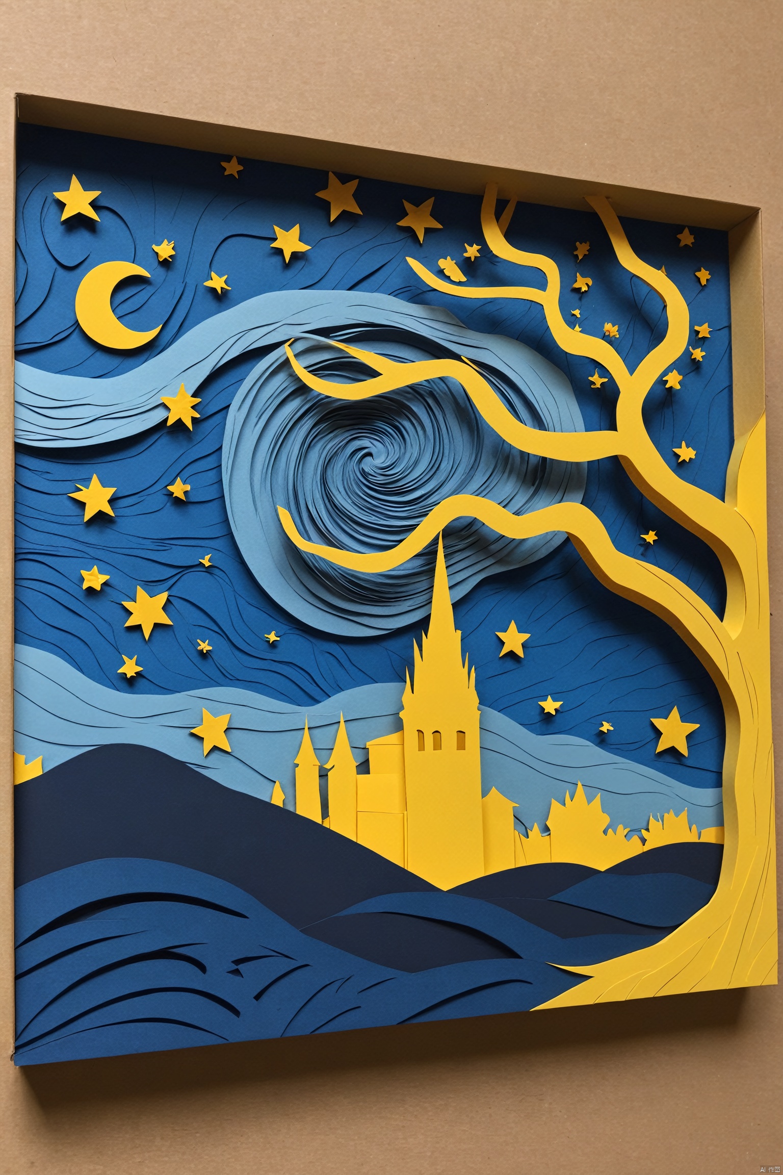 kirigami representation of the image captures the mesmerizing essence of vincent van gogh's iconic painting, "starry night." the dominant element is a majestic tree with gnarled branches and glowing yellow leaves. the swirling blues and yellows in the background represent the night sky, evoking a sense of movement and energy. this artwork embodies the impressionism art style with its focus on capturing the fleeting effects of light and color in a moment of time. . 3d, paper folding, paper cutting,intricate, symmetrical, precision, clean lines