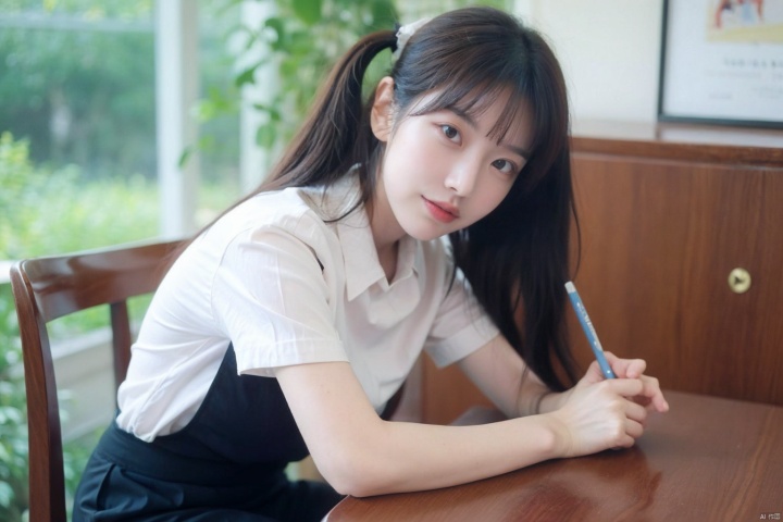 1girl,solo,skirt,chair,sitting,shirt,twintails,long hair,looking at viewer,short sleeves,indoors,white shirt,brown hair,realistic,bangs,blurry,black skirt,ribbon,blurry background,blue ribbon,brown eyes,on chair,blunt bangs,hand on own knee,collared shirt,pencil skirt,depth of field,table,desktop,