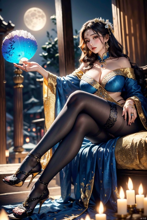  poakl,medium shot,same high heels，(moon-shaped fan in hand)，blue color theme,(fair skin, female, beautiful gentle face, many colors best quality, 8k, nice looking photo, exquisite skin detail masterpiece, real photo, intricate details, perfect lighting, wearing transparent saree, (gorgeous patterned lingerie in various colors, black silk texture, patterned), black pantyhose, voluptuous body, extra long hair, off shoulder, exquisite face, (huge breasts), exposed cleavage, (lots of ancient Chinese ornamentation, 1.8), perfect fingers, anatomically correct, close-up front view, glowing skin, ancient Chinese style, looking up from below