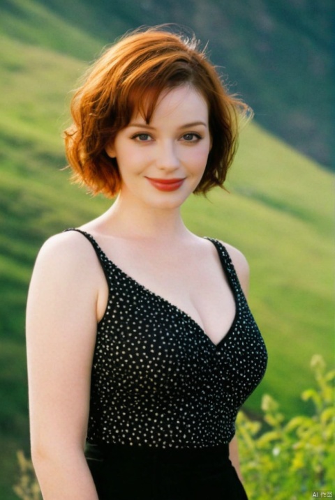  beautiful girl standing with beautiful vally in background, age 20, black short hair, waist shot, dynamic pose, smiling, dressed in fashion outfit, beautiful eyes, sweet makeup, 35mm lens, beautiful lighting, photorealistic, soft focus, kodak portra 800, 8k, Christina Hendricks,