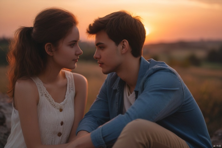  thoughtful young couple, (romantic photography), deep in conversation, sunset backdrop, soft focus, 8k, 4k, natural lighting, candid expressions, cinematic composition, emotional depth